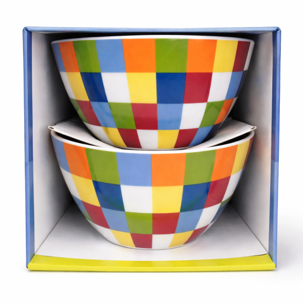 Buntes Porzellan Bowl Set im dekorativen Geschenkkarton – zwei moderne Schalen mit farbigem Karomuster, ideal als Geschenkidee für Küche und Haushalt.