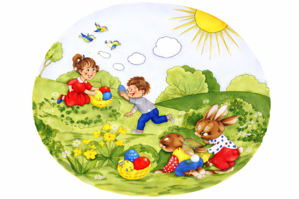 Detailmotiv im Porzellan-Kuchenteller mit Osterhasen, Kindern und Ostereiern auf Frühlingswiese