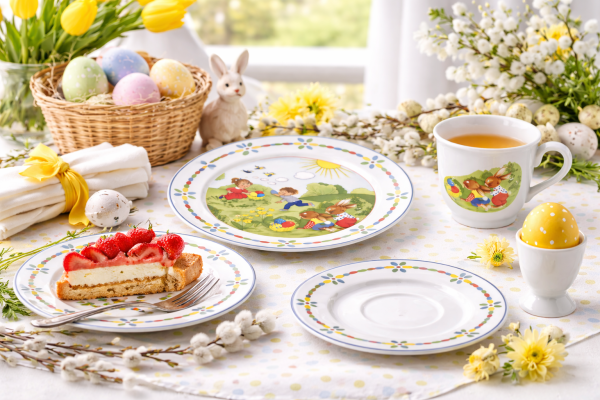 Kinder Ostergeschirr aus Porzellan mit Hasenmotiv auf fröhlich gedecktem Ostertisch mit Osterdeko
