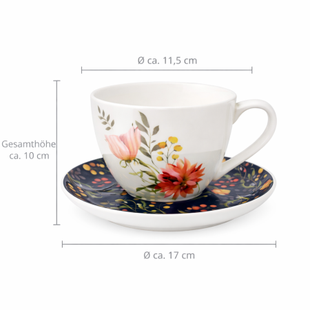 Porzellan Tasse mit Untertasse im floralen Design mit Maßangaben – Unterteller Ø ca. 17 cm, Tasse Ø ca. 11,5 cm, Gesamthöhe ca. 10 cm