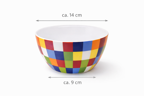 Porzellan Schale mit buntem Karomuster und Maßangaben – Durchmesser oben ca. 14 cm, unten ca. 9 cm – moderne Bowl für Müsli, Dessert oder Salat.