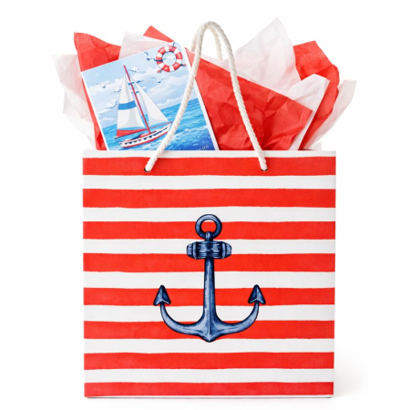 Geschenktasche „Maritimer Anker“ – rot-weiß gestreift