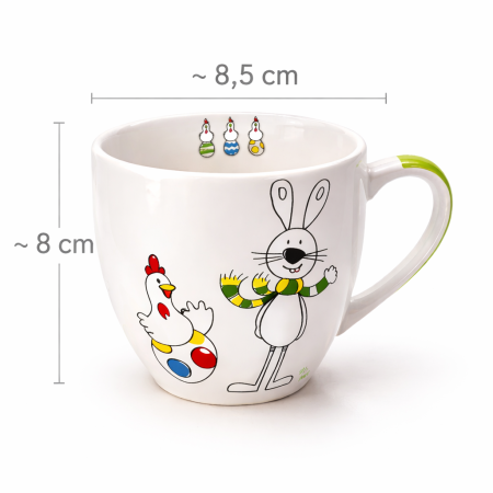 Ostertasse „Happy Easter“ mit Maßangaben – Höhe ca. 8 cm, Durchmesser ca. 8,5 cm, Porzellanbecher 200 ml