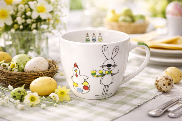 Ostertasse „Happy Easter“ mit Hase und Huhn auf gedecktem Ostertisch mit Frühlingsdekoration