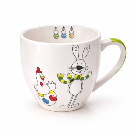 Detailbild der Ostertasse „Happy Easter“ mit fröhlichem Hasen und Huhn im Osterdesign