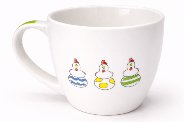 Rückseite der Ostertasse „Happy Easter“ mit drei bunten Hühnern im Osterdesign auf Porzellan