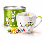Ostertasse „Happy Easter“ mit Hase und Huhn Motiv in dekorativer Geschenkdose aus Metall, Porzellan Becher 200 ml